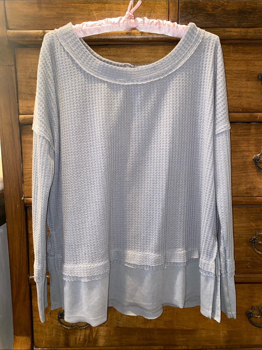 Light Blue Waffle Knit Long-Sleeve Top